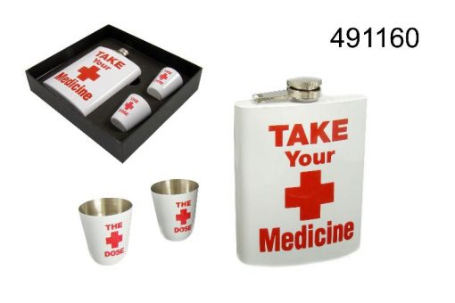 Angelo flask 'TAKE YOUR MEDICINE' set 6oz - two cups
